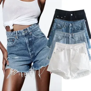 Aiertu Summer Pure Cotton Girls High Street Shorts Women Frayed Distressed Denim Mom Fashion Casual Bermuda