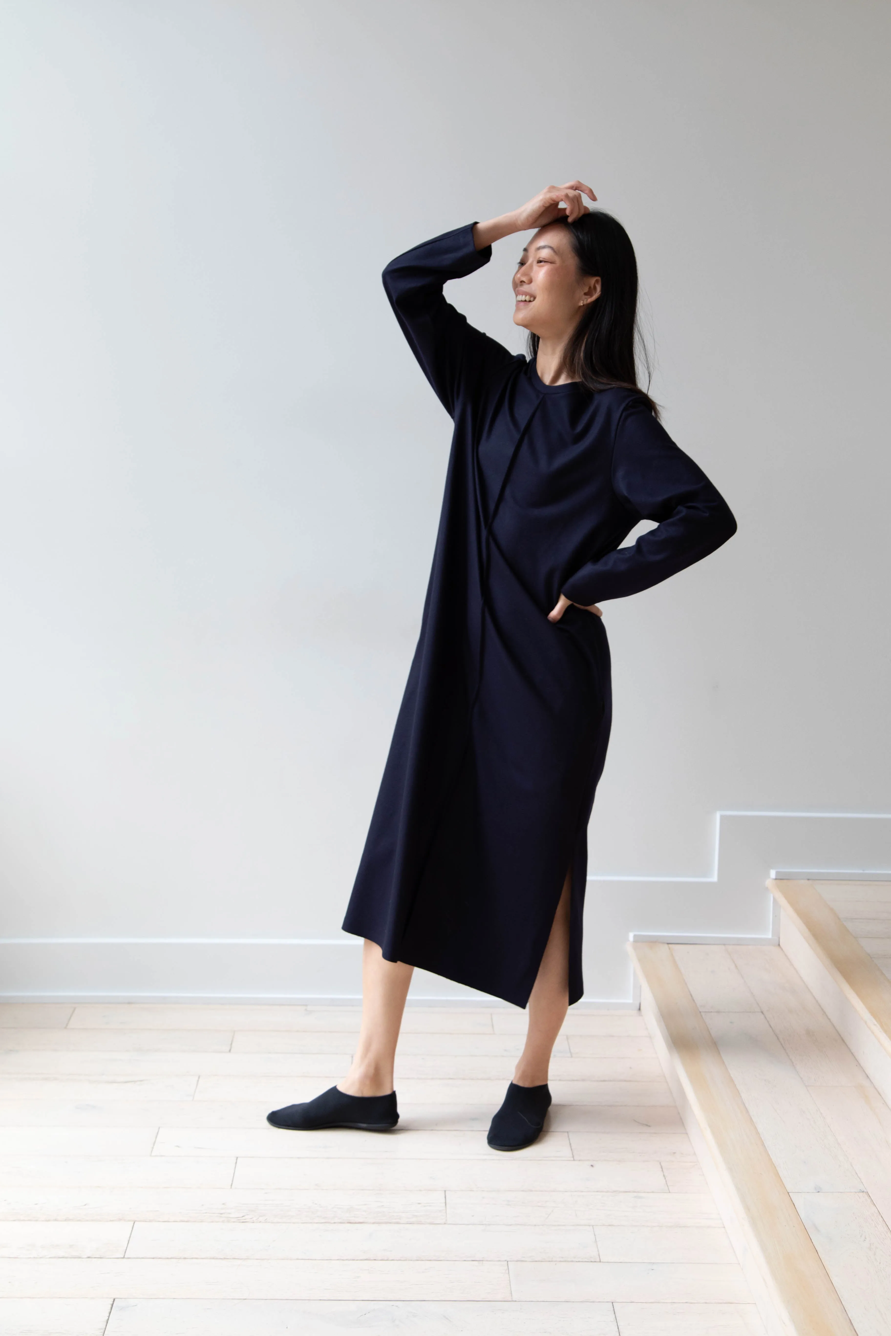 Aton | Crewneck Dress in Navy Wool