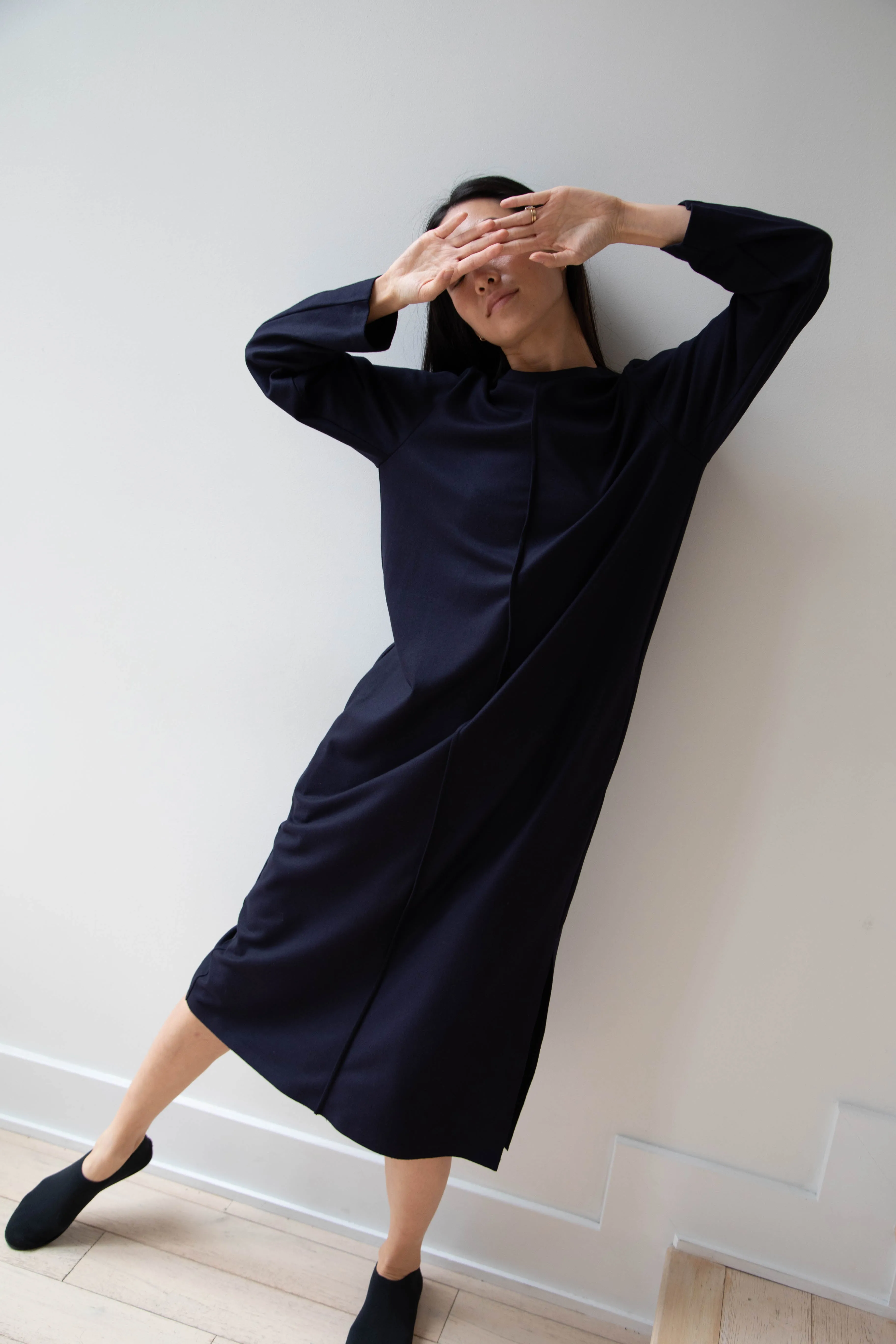 Aton | Crewneck Dress in Navy Wool