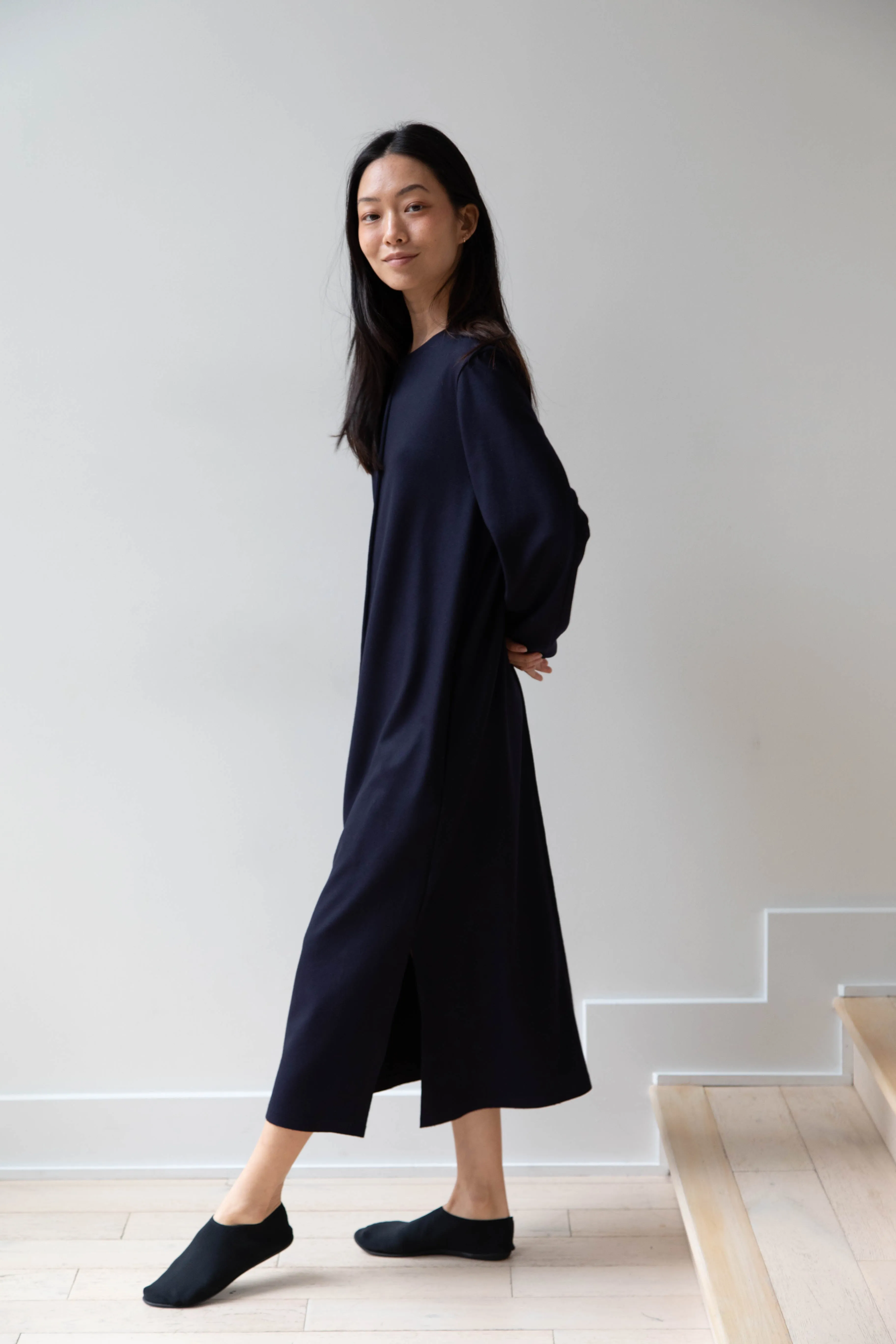 Aton | Crewneck Dress in Navy Wool
