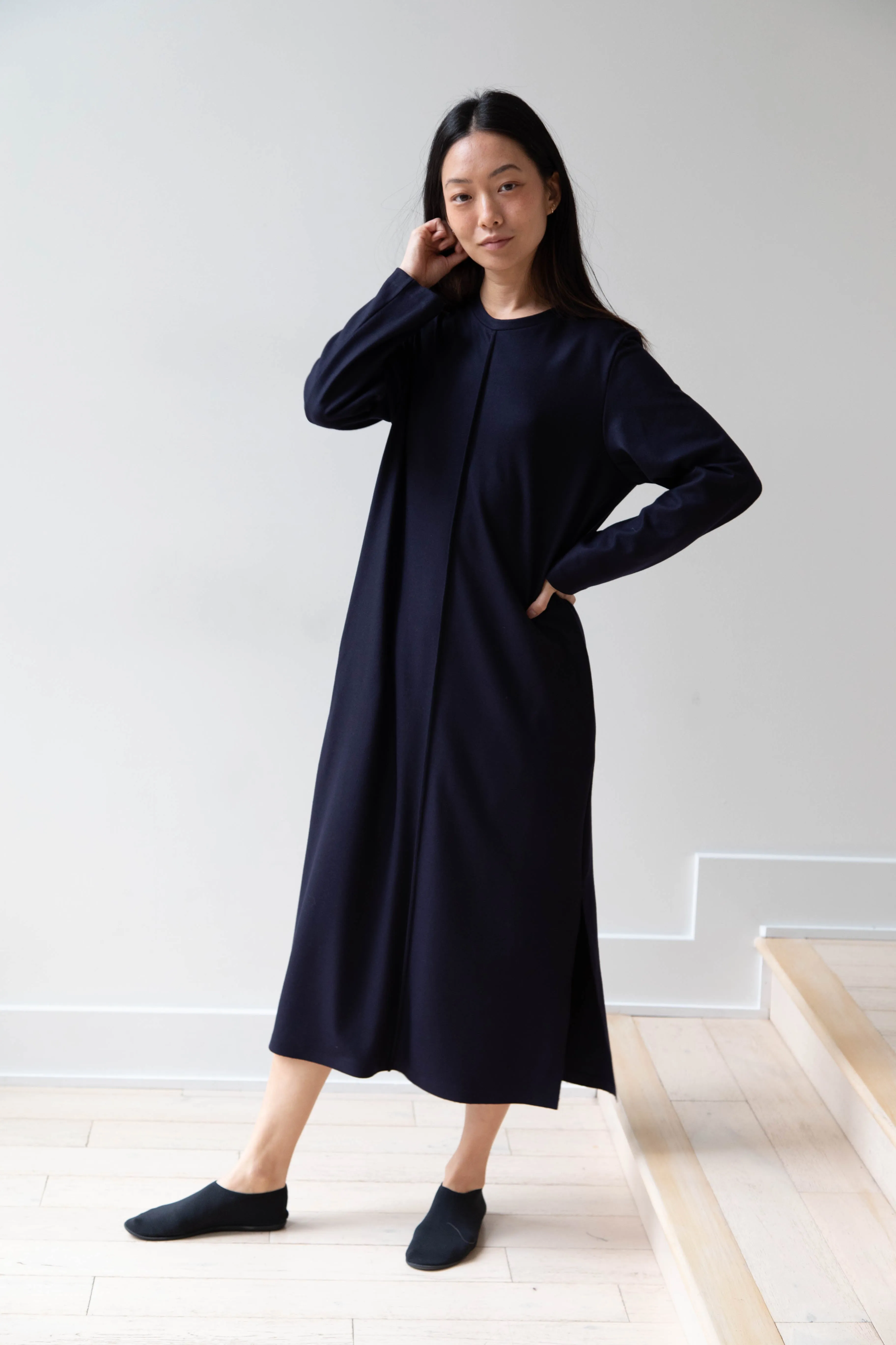 Aton | Crewneck Dress in Navy Wool