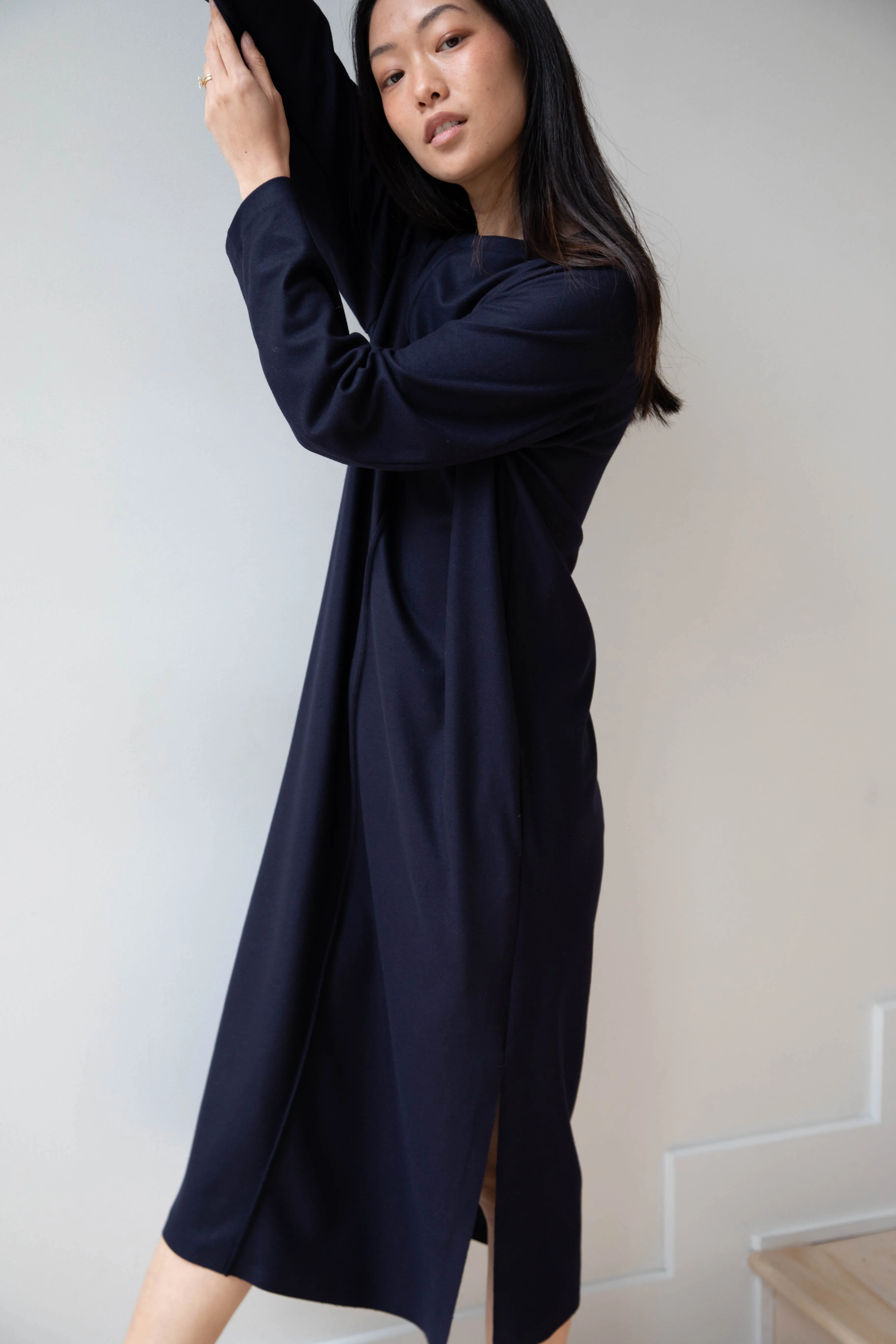 Aton | Crewneck Dress in Navy Wool