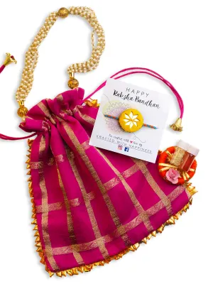 Bandhan Hand-Embroidered Rakhi (Yellow) Set (Roli Chawal   Decorative Pouch)