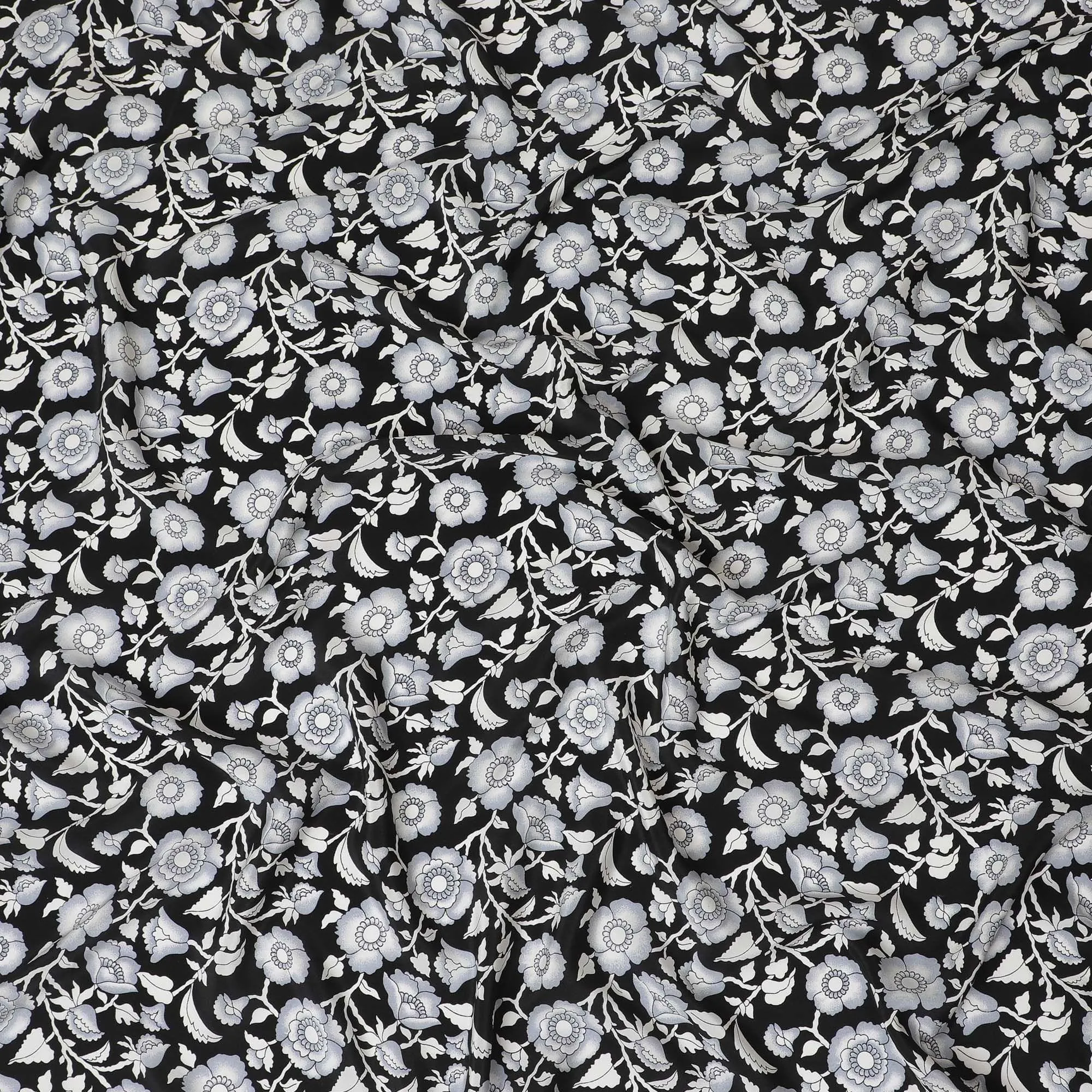 Black premium pure silk crepe fabric with pearl grey and white print in floral design-D12078
