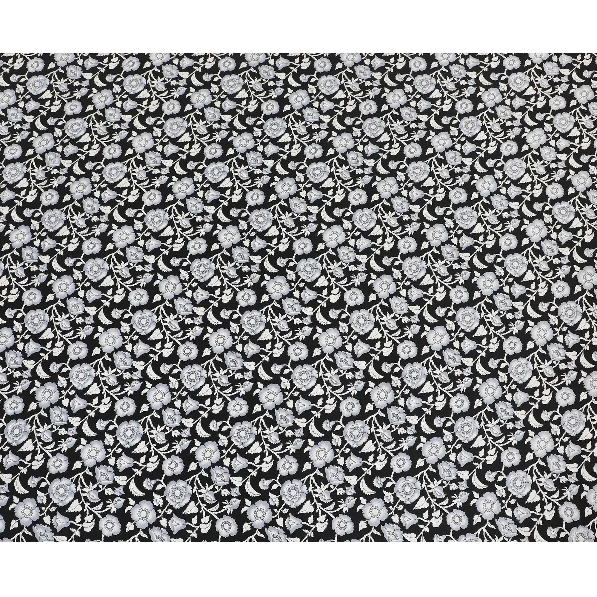 Black premium pure silk crepe fabric with pearl grey and white print in floral design-D12078