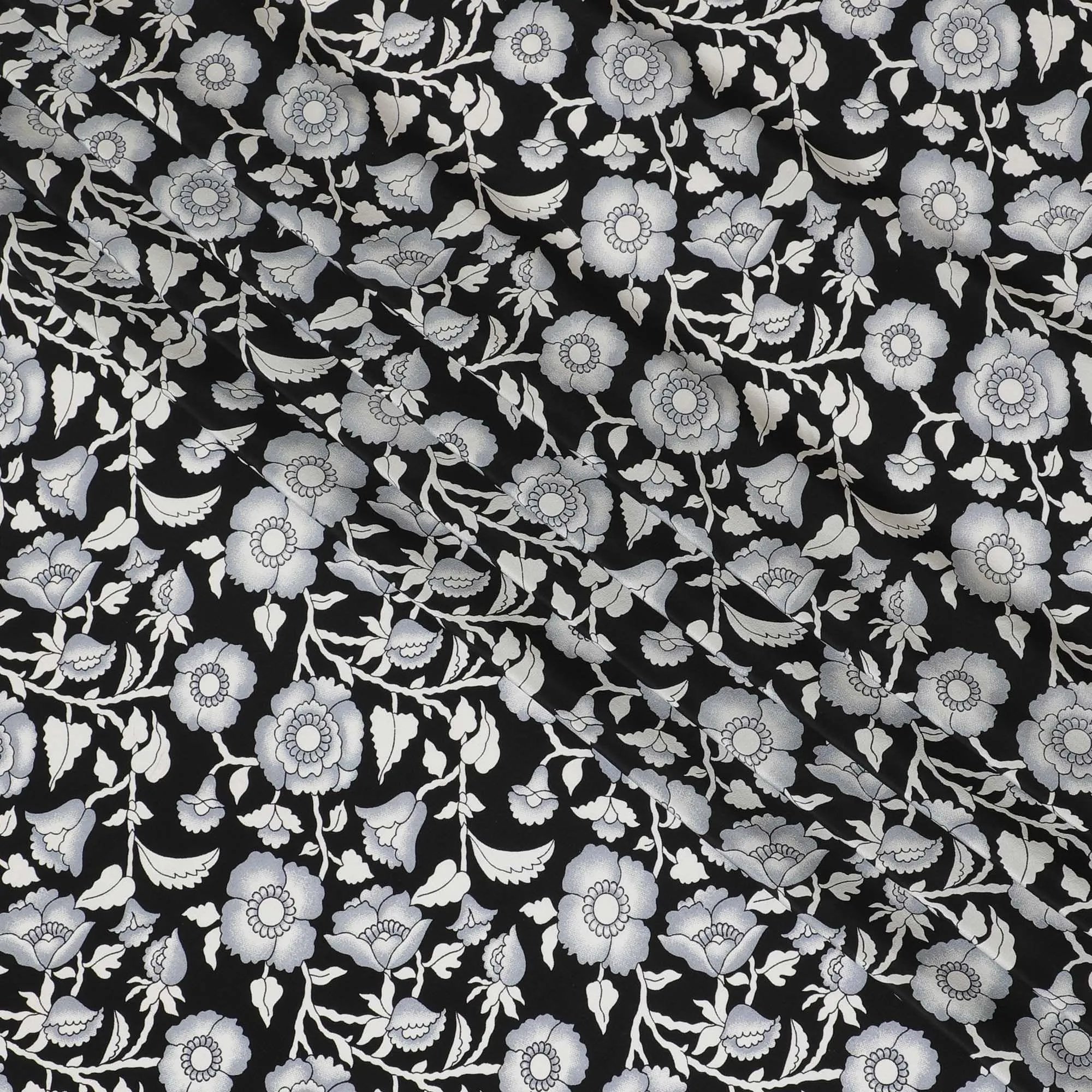 Black premium pure silk crepe fabric with pearl grey and white print in floral design-D12078
