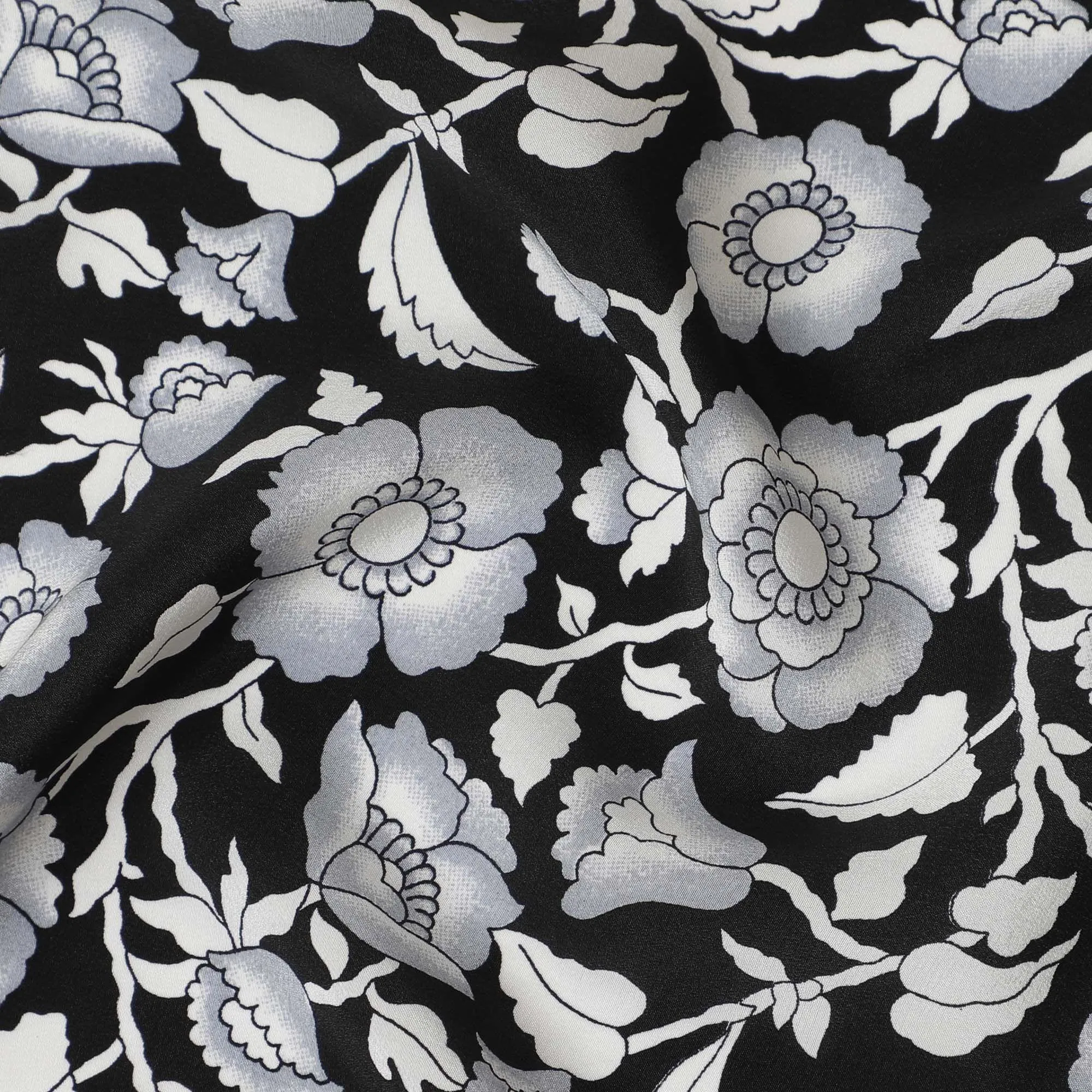 Black premium pure silk crepe fabric with pearl grey and white print in floral design-D12078