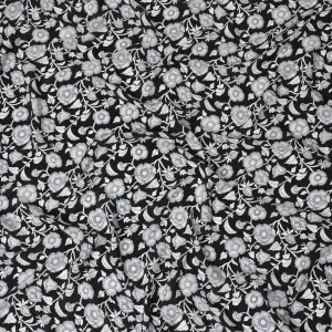 Black premium pure silk crepe fabric with pearl grey and white print in floral design-D12078