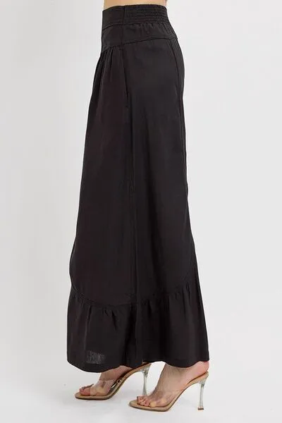 Black Shirring Detail Wide Leg Pants