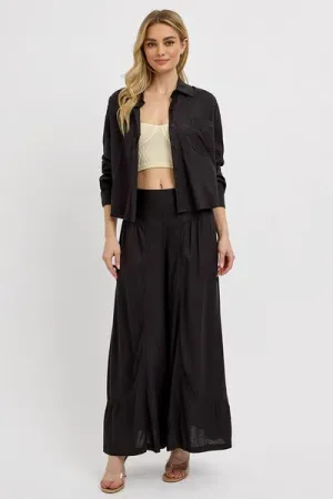 Black Shirring Detail Wide Leg Pants