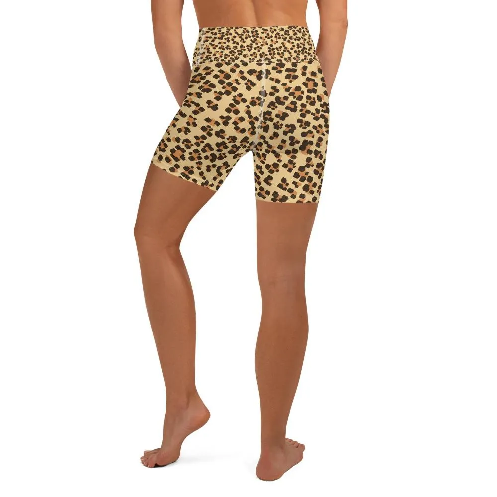 Brown Leopard Yoga Shorts, Animal Print Premium Women's Shorts Pants- Made in USA/ EU