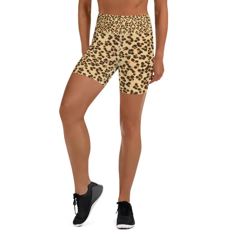 Brown Leopard Yoga Shorts, Animal Print Premium Women's Shorts Pants- Made in USA/ EU