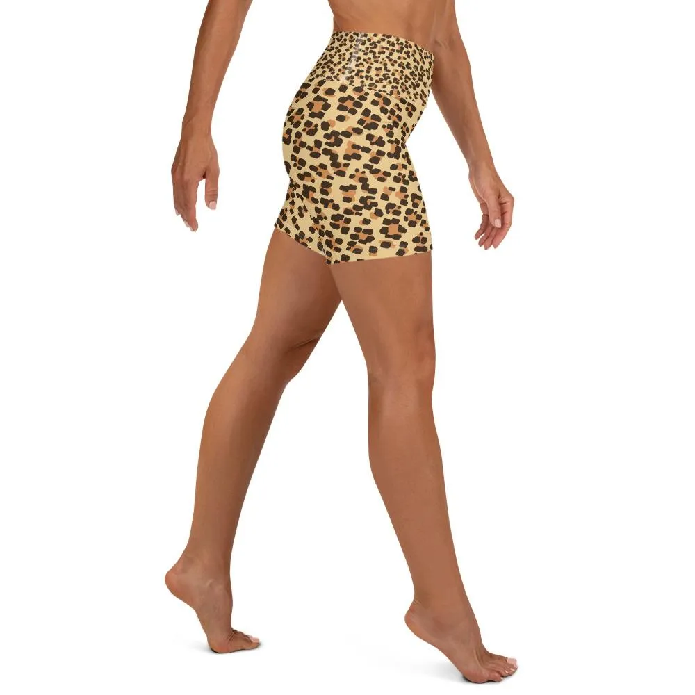 Brown Leopard Yoga Shorts, Animal Print Premium Women's Shorts Pants- Made in USA/ EU