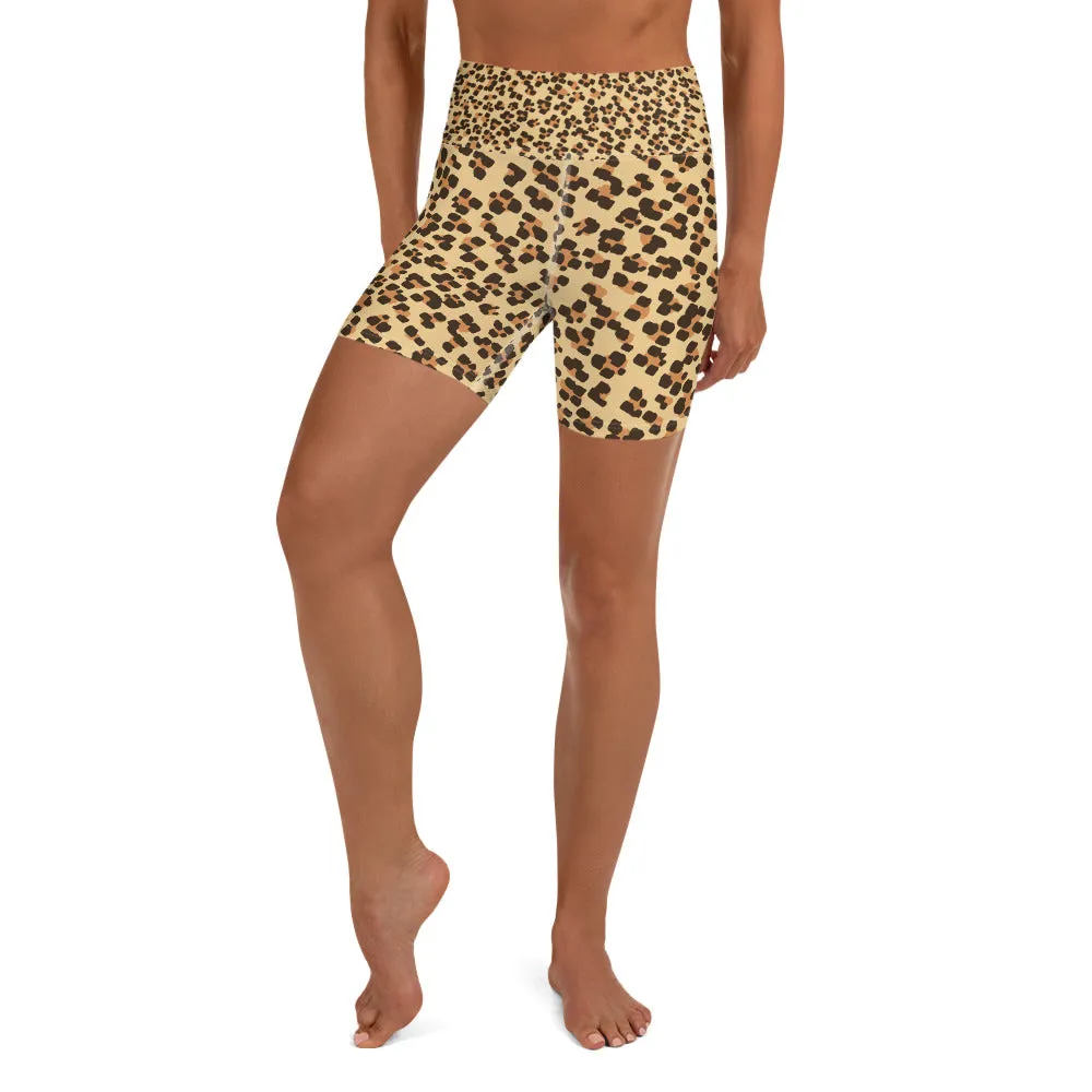 Brown Leopard Yoga Shorts, Animal Print Premium Women's Shorts Pants- Made in USA/ EU