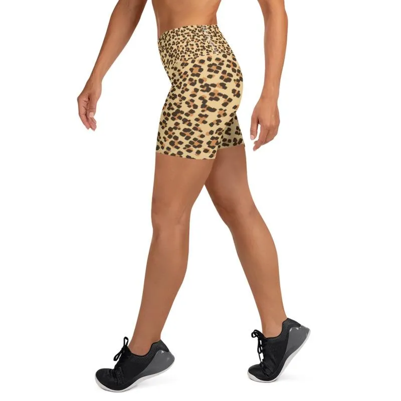 Brown Leopard Yoga Shorts, Animal Print Premium Women's Shorts Pants- Made in USA/ EU