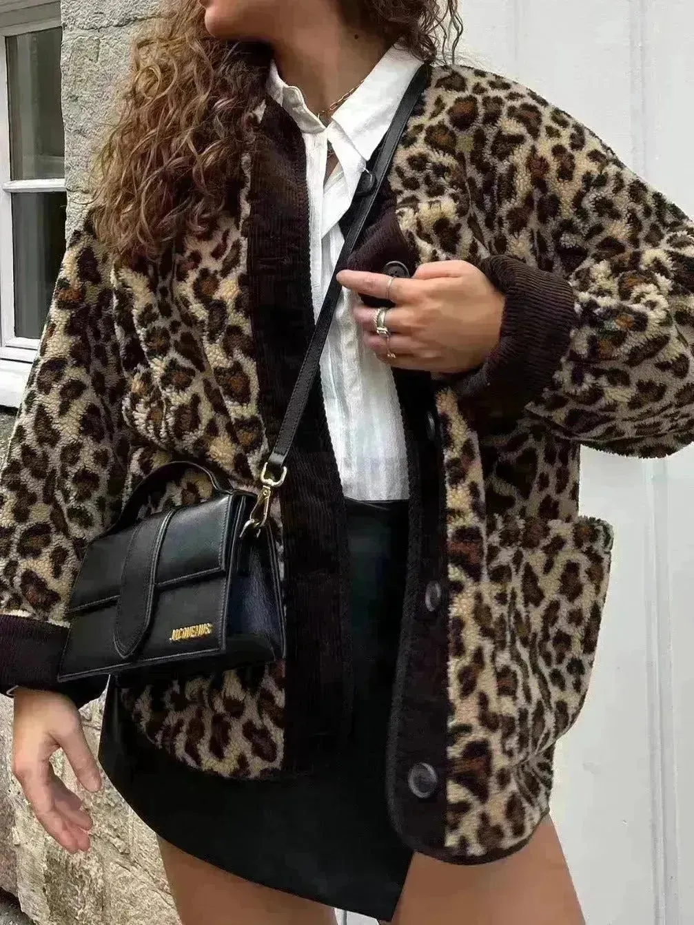 Casual Fall winter Leopard Button fleece Plush Cardigan jacket for women