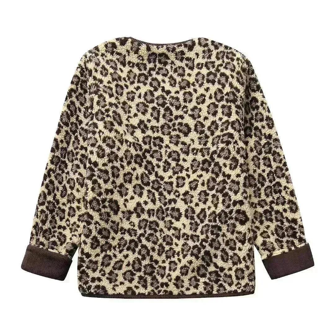 Casual Fall winter Leopard Button fleece Plush Cardigan jacket for women