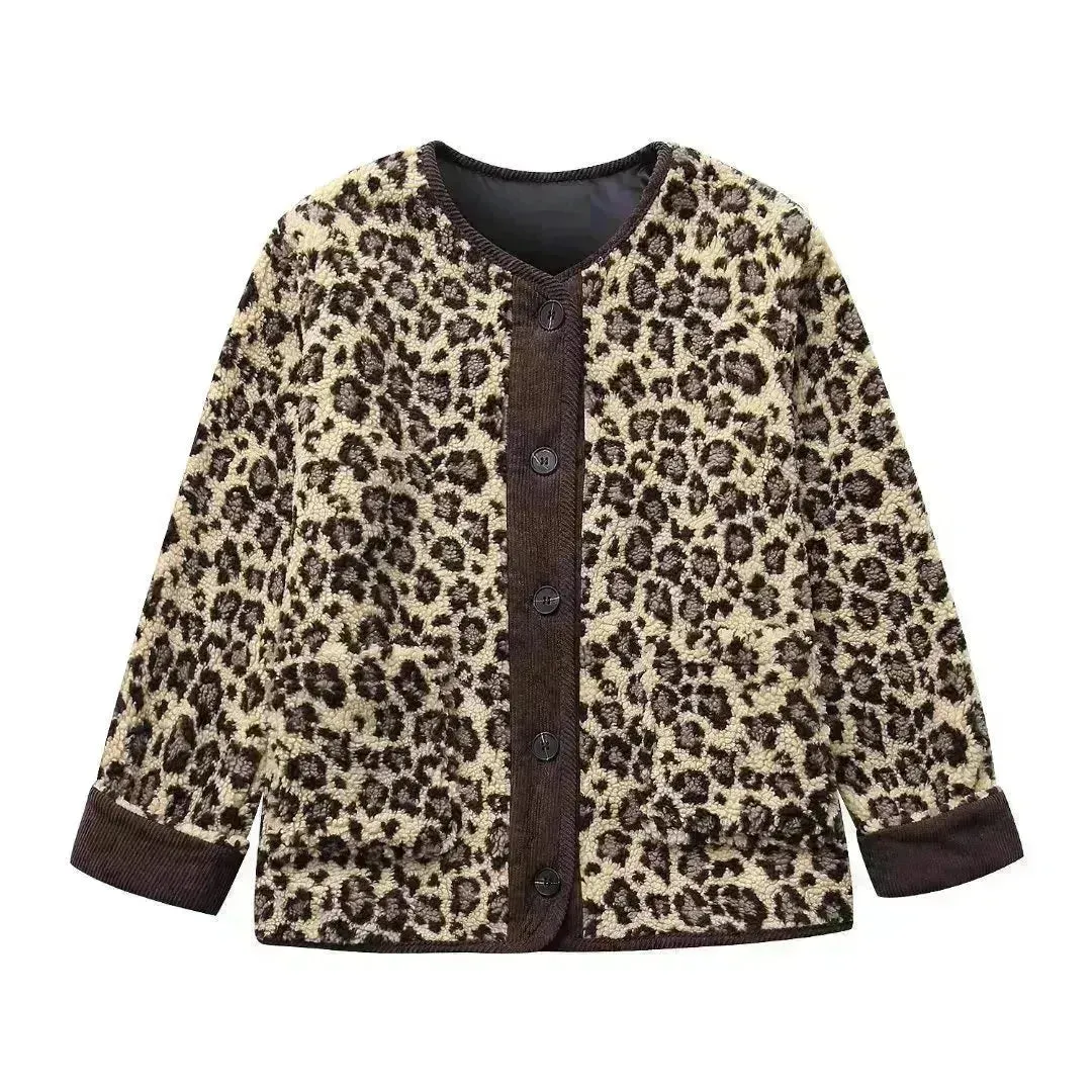 Casual Fall winter Leopard Button fleece Plush Cardigan jacket for women