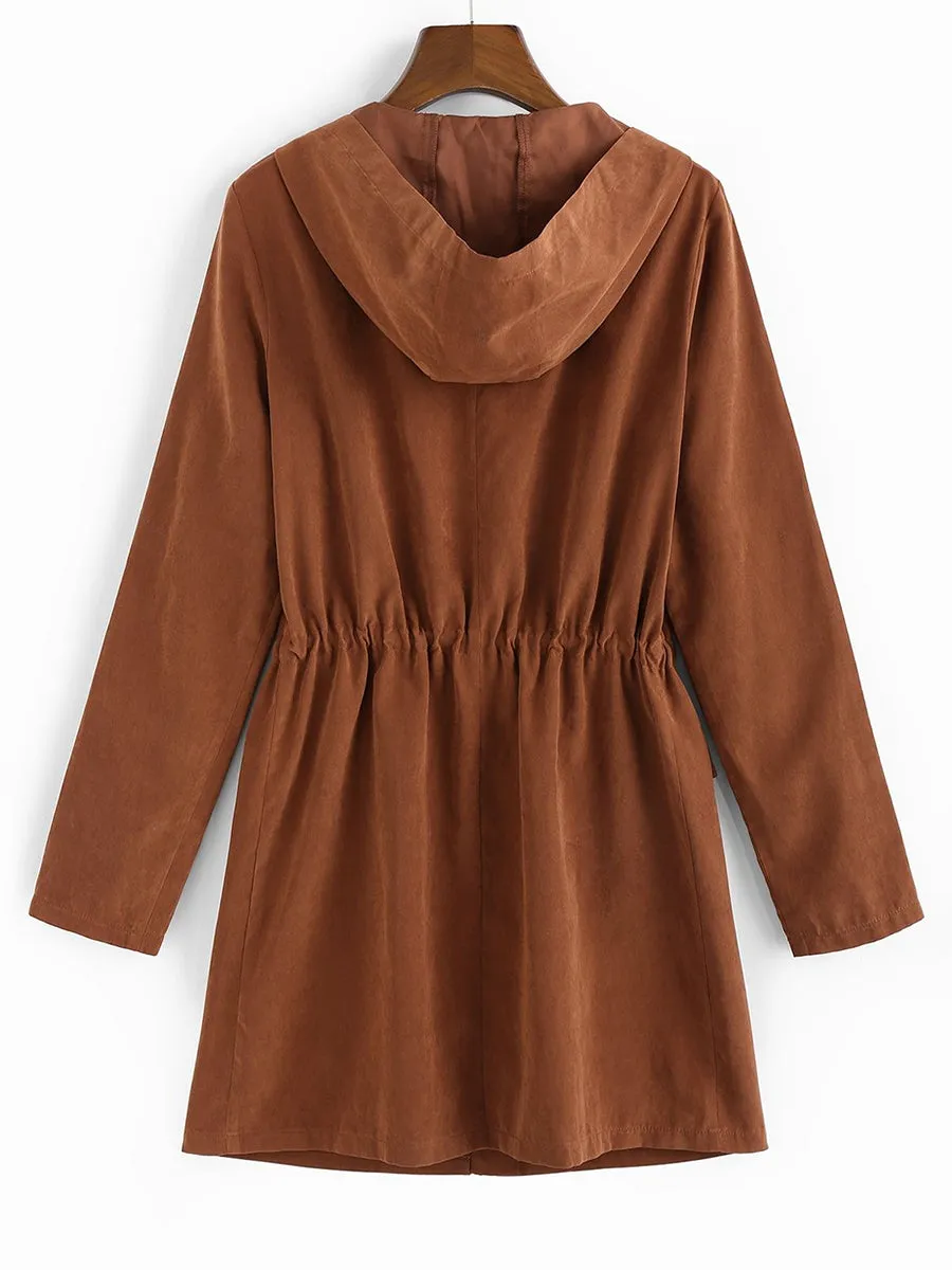 Casual Pure Color Hooded Waist Drawstring Jacket