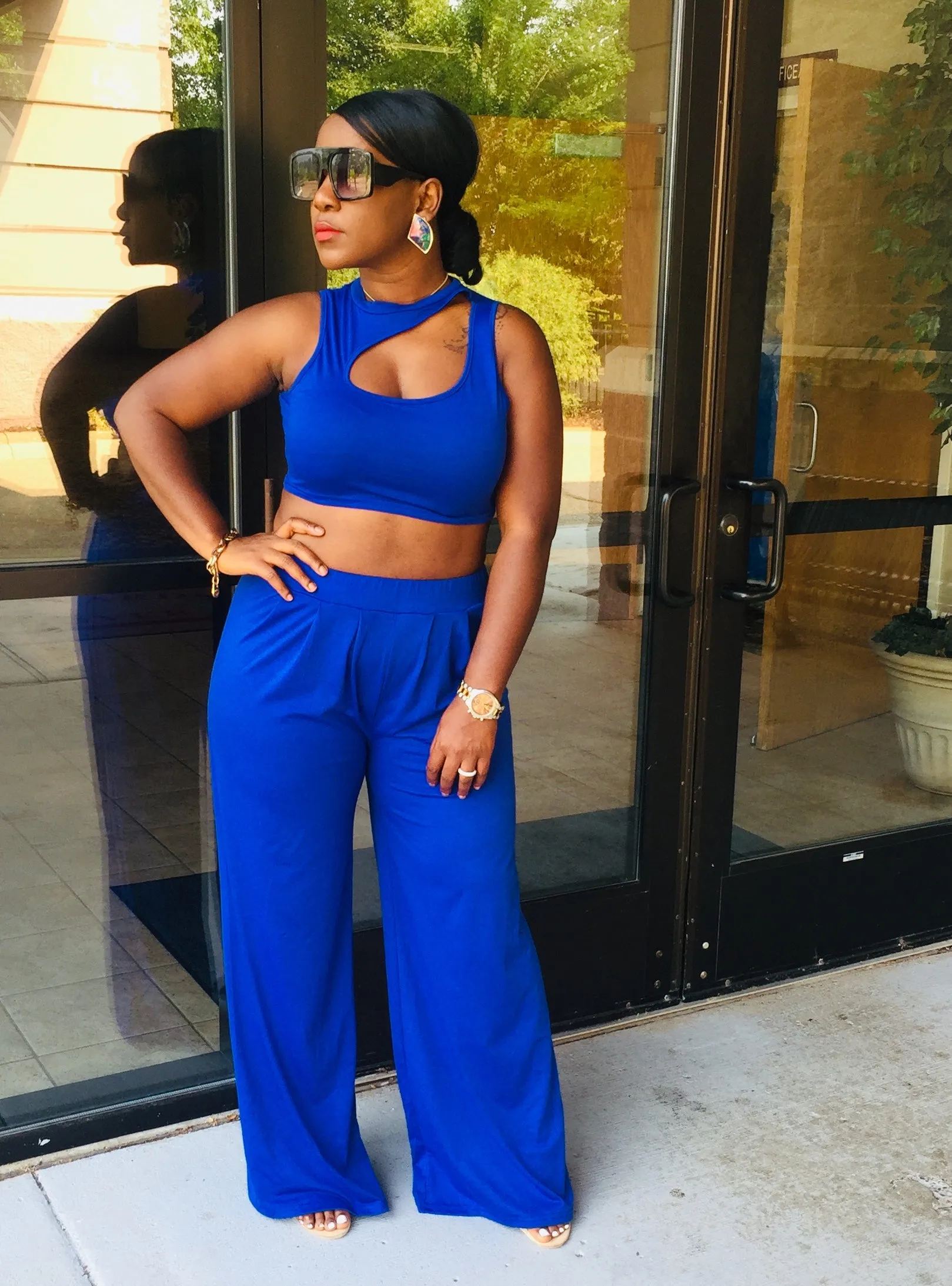 Chloe Womens Wide Leg Palazzo Pants Sets High Waisted Adjustable Tie Knot Flowy Trousers Casual Loose Lounge Pant with Pockets| Blue