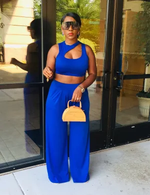 Chloe Womens Wide Leg Palazzo Pants Sets High Waisted Adjustable Tie Knot Flowy Trousers Casual Loose Lounge Pant with Pockets| Blue