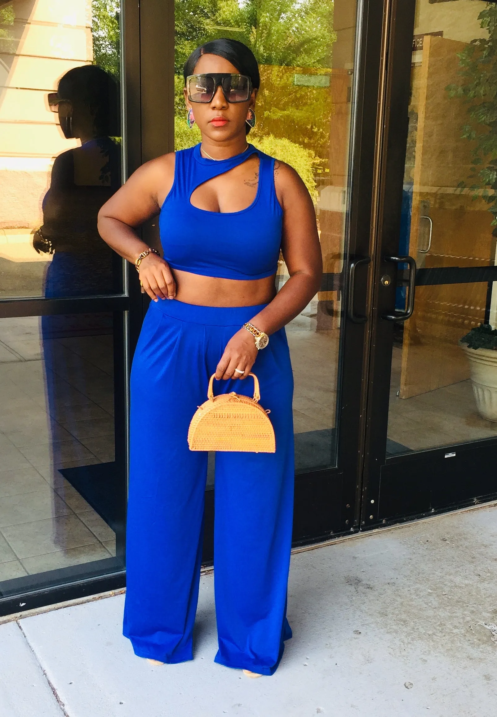 Chloe Womens Wide Leg Palazzo Pants Sets High Waisted Adjustable Tie Knot Flowy Trousers Casual Loose Lounge Pant with Pockets| Blue