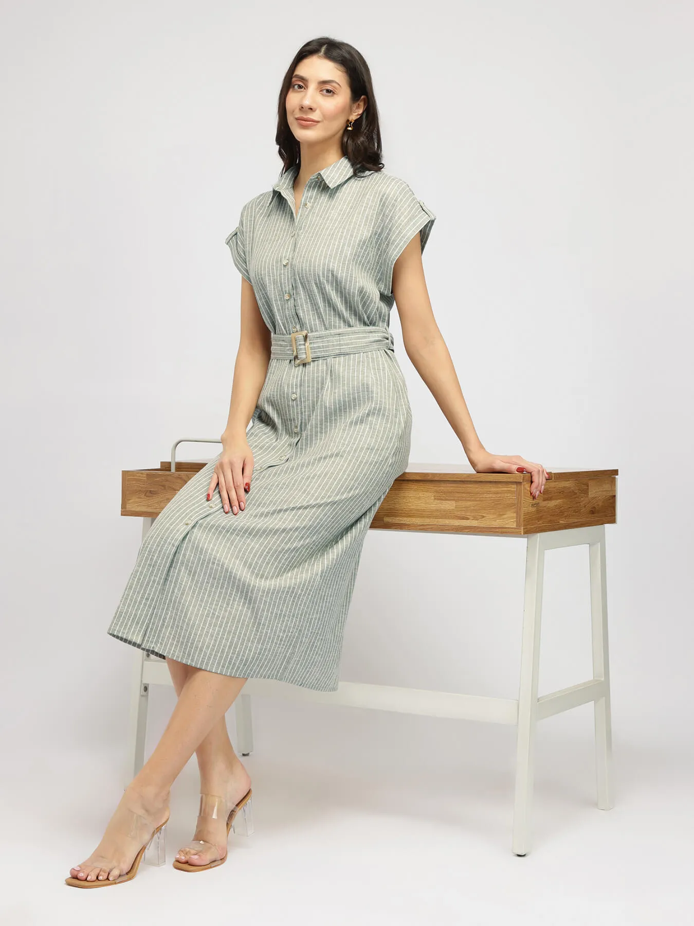 Cotton Blend Shirt Dress - Olive
