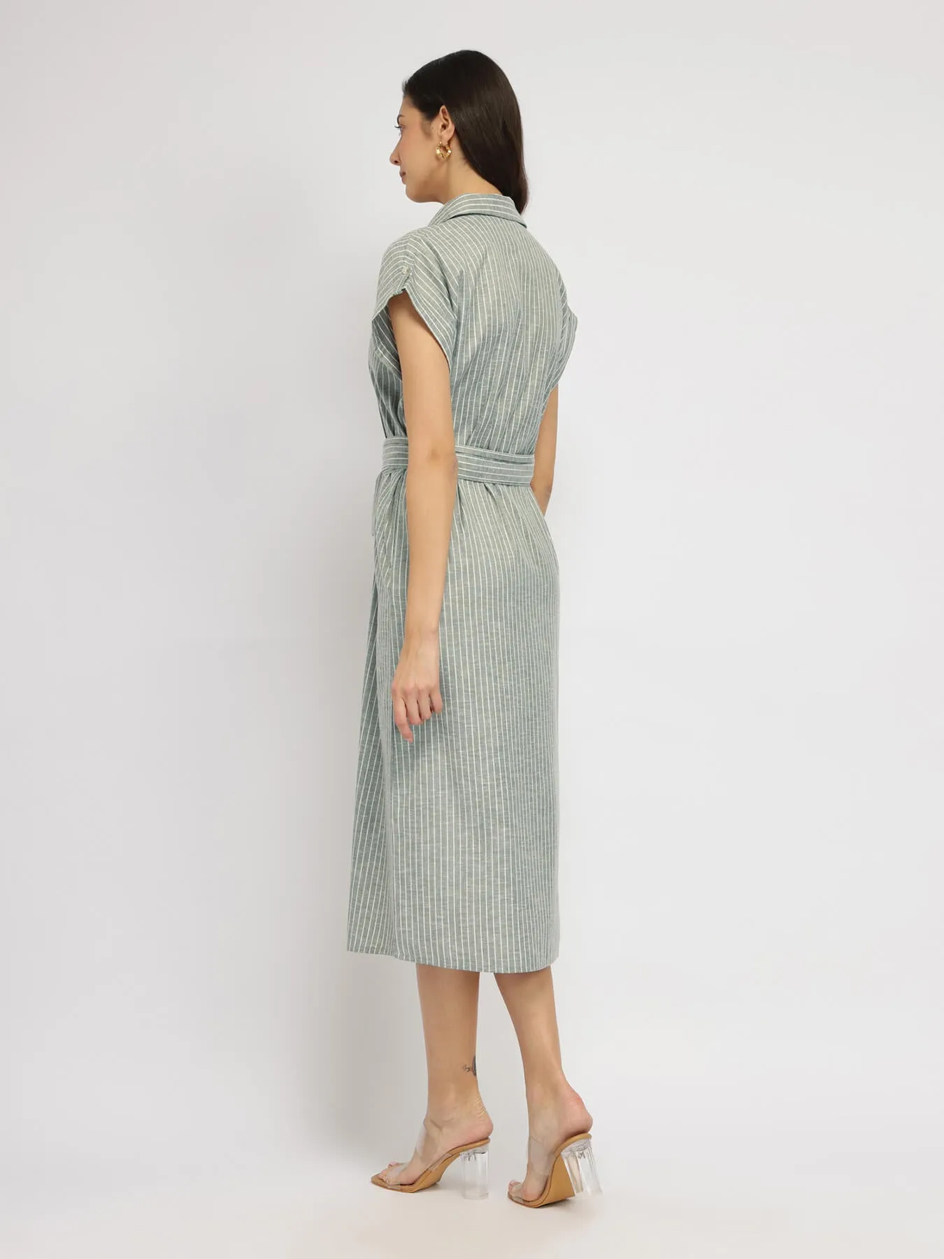 Cotton Blend Shirt Dress - Olive