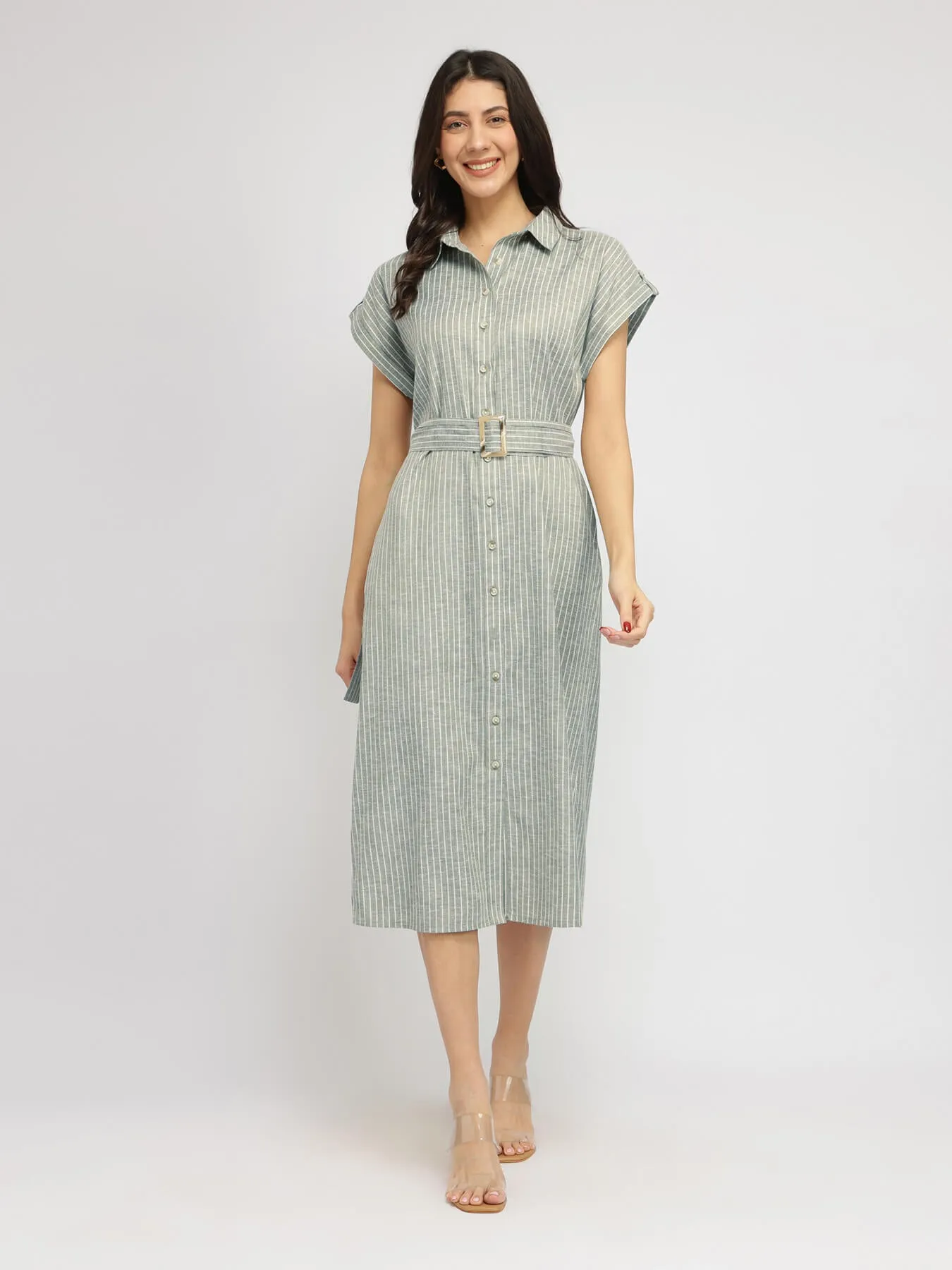 Cotton Blend Shirt Dress - Olive
