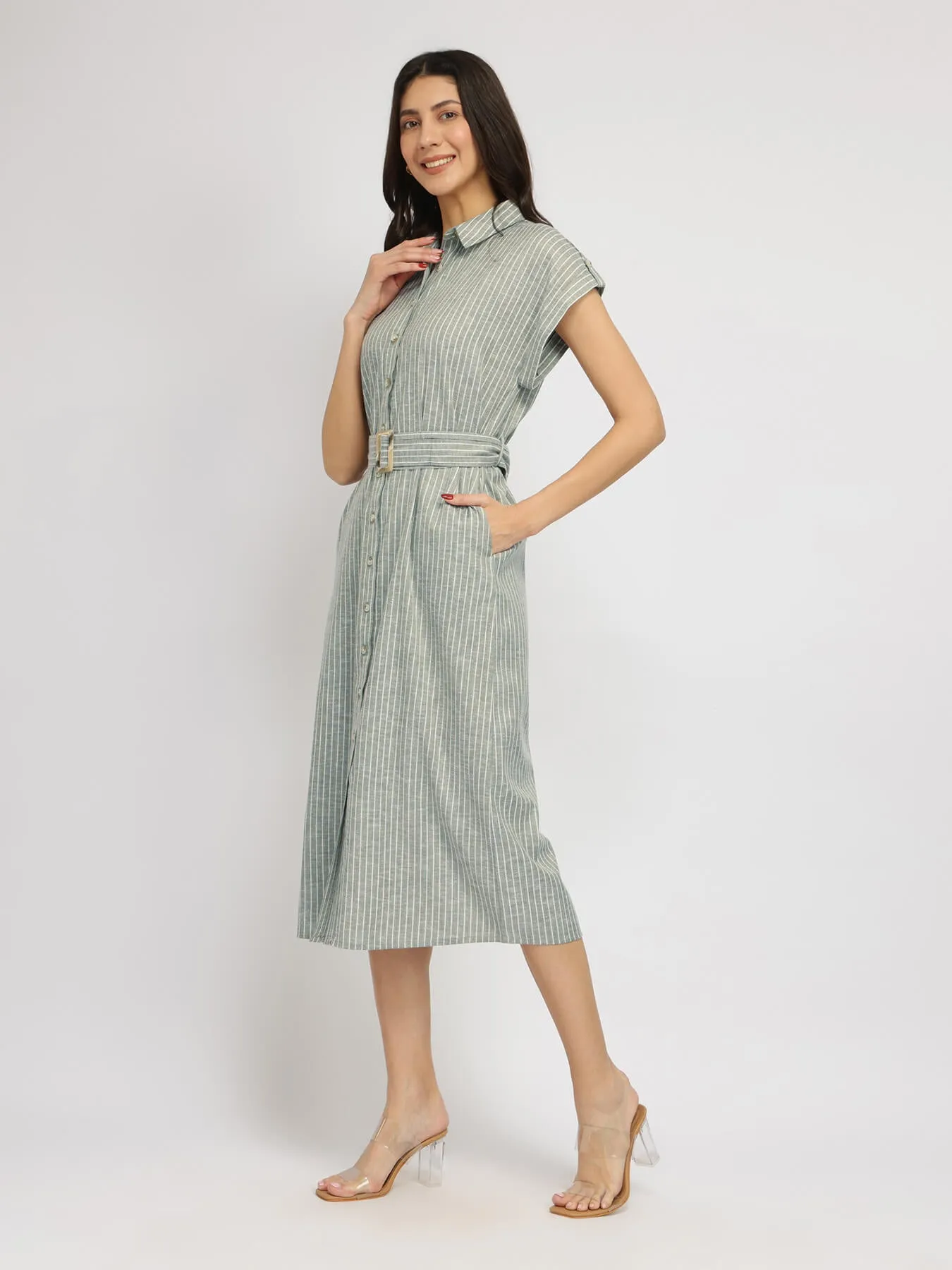 Cotton Blend Shirt Dress - Olive