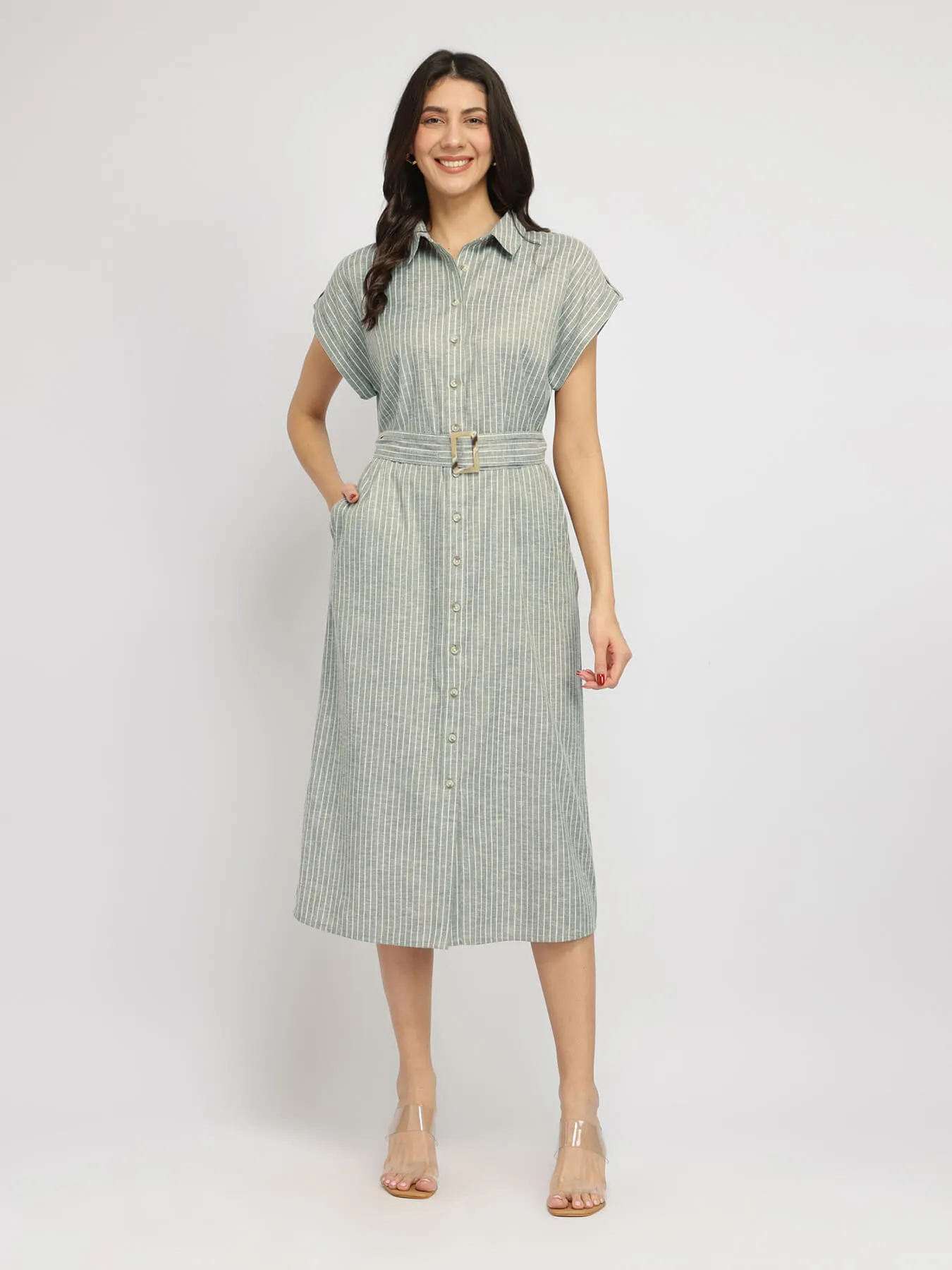 Cotton Blend Shirt Dress - Olive