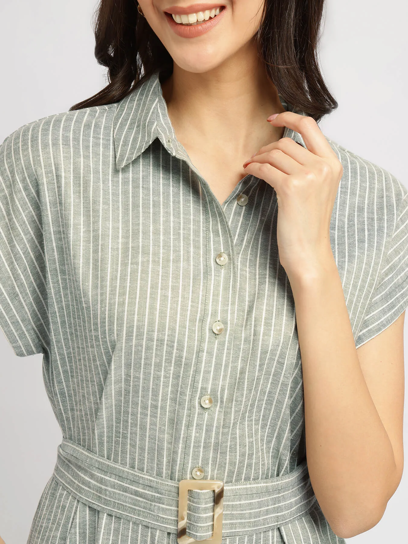 Cotton Blend Shirt Dress - Olive