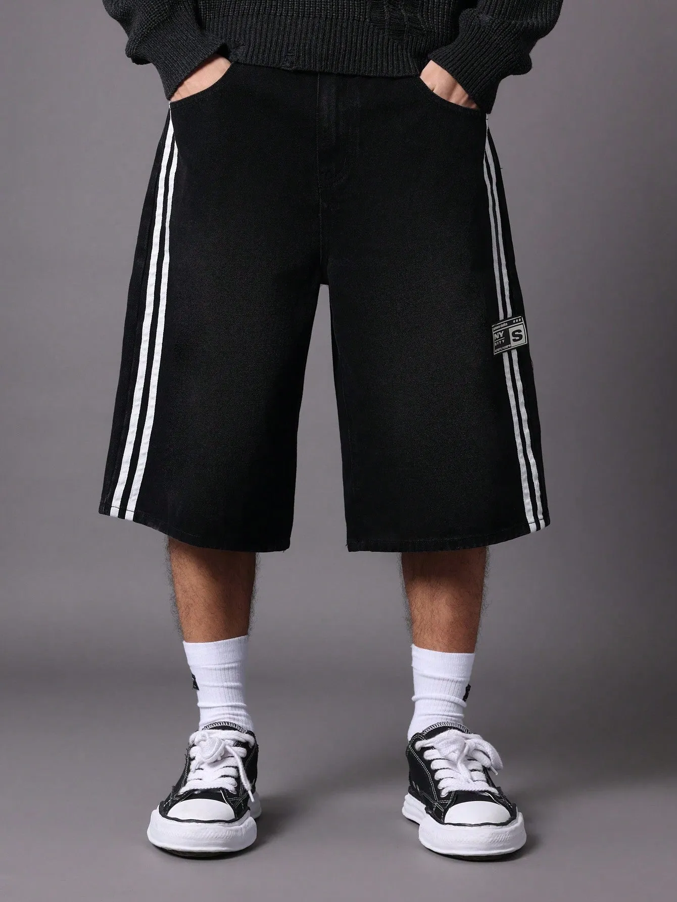 Denim Jort With Side Stripe Tape