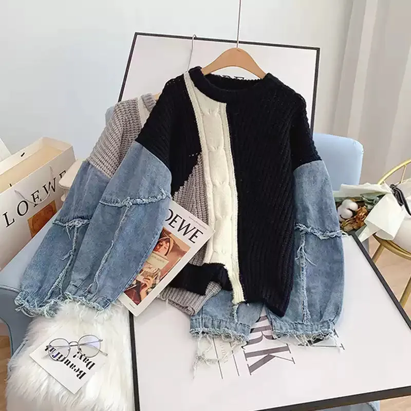 Denim Sleeve Patchwork Colorful Sweater