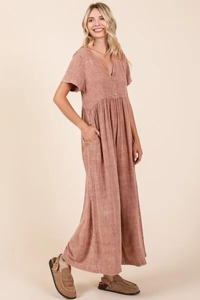 Hazel Blues® |  Mittoshop Mineral Wash Short Sleeve Flowy Wide Leg Jumpsuit