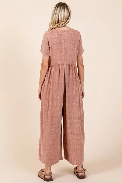 Hazel Blues® |  Mittoshop Mineral Wash Short Sleeve Flowy Wide Leg Jumpsuit