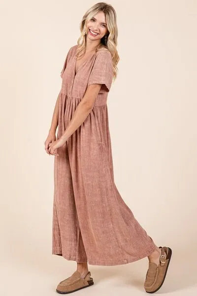 Hazel Blues® |  Mittoshop Mineral Wash Short Sleeve Flowy Wide Leg Jumpsuit