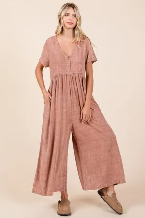 Hazel Blues® |  Mittoshop Mineral Wash Short Sleeve Flowy Wide Leg Jumpsuit