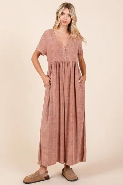 Hazel Blues® |  Mittoshop Mineral Wash Short Sleeve Flowy Wide Leg Jumpsuit