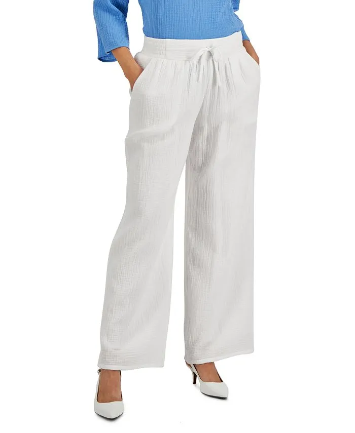 JM Collection Petite Cotton Gauze Wide Leg Pants, White