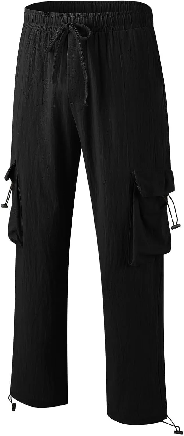 Linen Pants for Men Drawstring Casual Pants Stretch Waist Multi-Pocket Solid Color Jogging Holiday Trousers