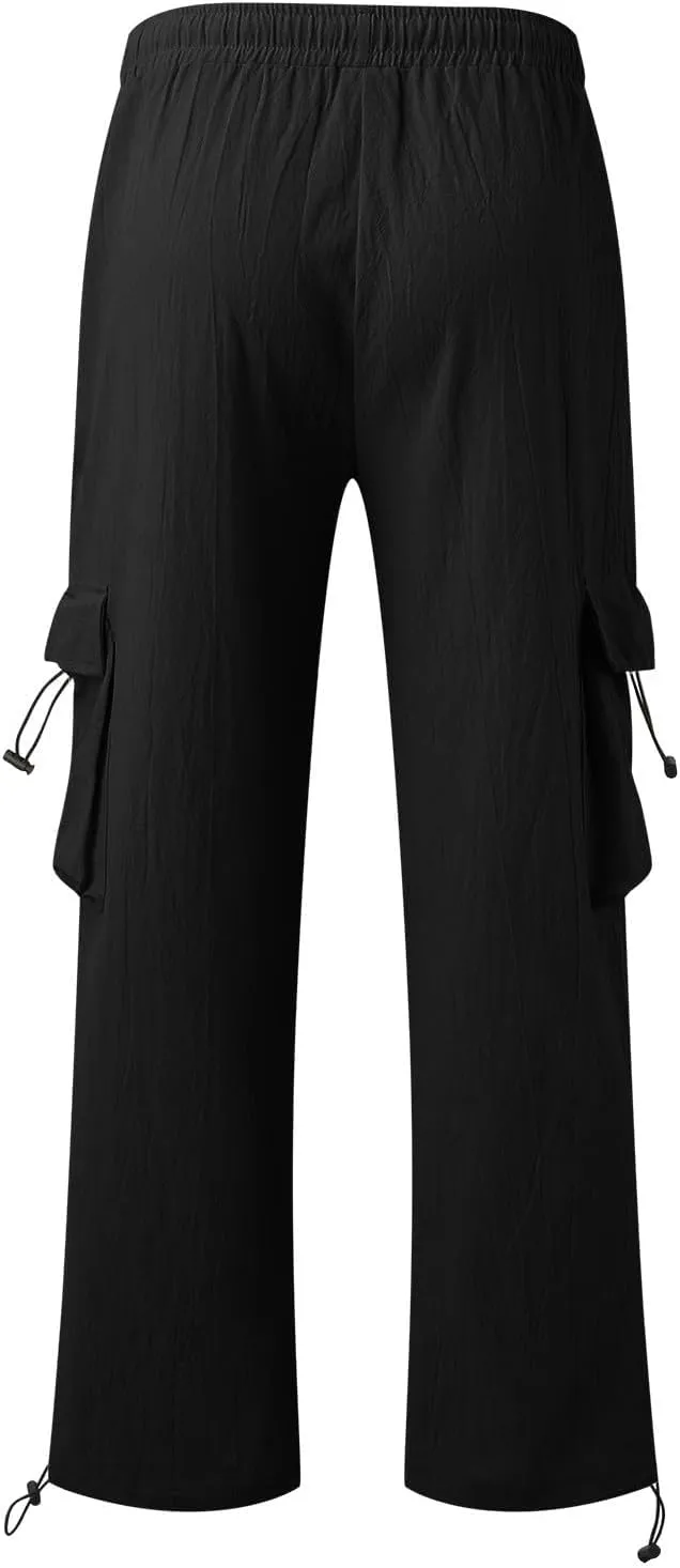 Linen Pants for Men Drawstring Casual Pants Stretch Waist Multi-Pocket Solid Color Jogging Holiday Trousers