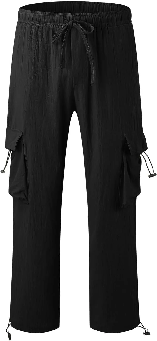 Linen Pants for Men Drawstring Casual Pants Stretch Waist Multi-Pocket Solid Color Jogging Holiday Trousers