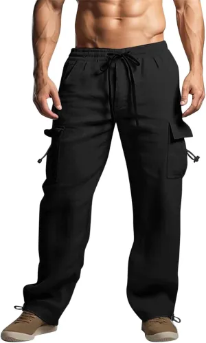 Linen Pants for Men Drawstring Casual Pants Stretch Waist Multi-Pocket Solid Color Jogging Holiday Trousers