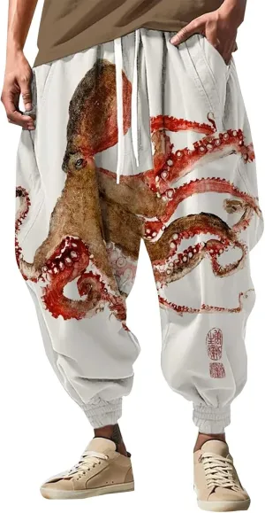 Mens Casual Harem Pants Fashion Street Feel Casual Sweatpants Mens Japanese Art Graphic Printed Casual Pants Linen