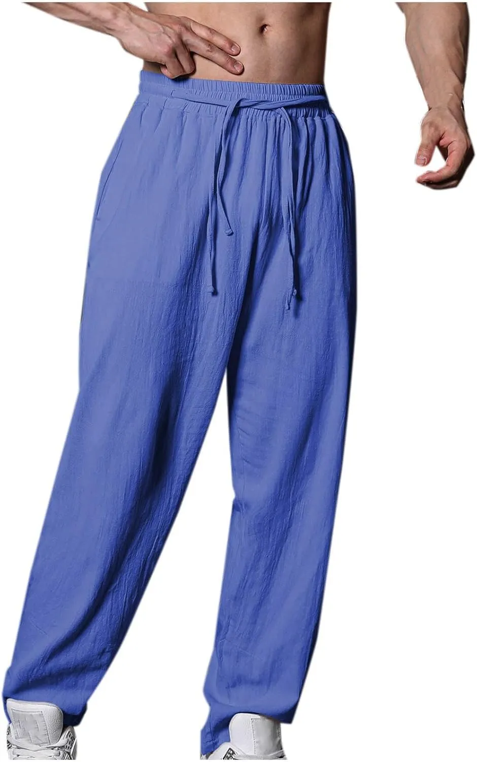 Mens Cotton Linen Workout Pants Comfy Drawstring Waist Trousers Loose Casual Outing Sports Pant Solid Soft Clothes