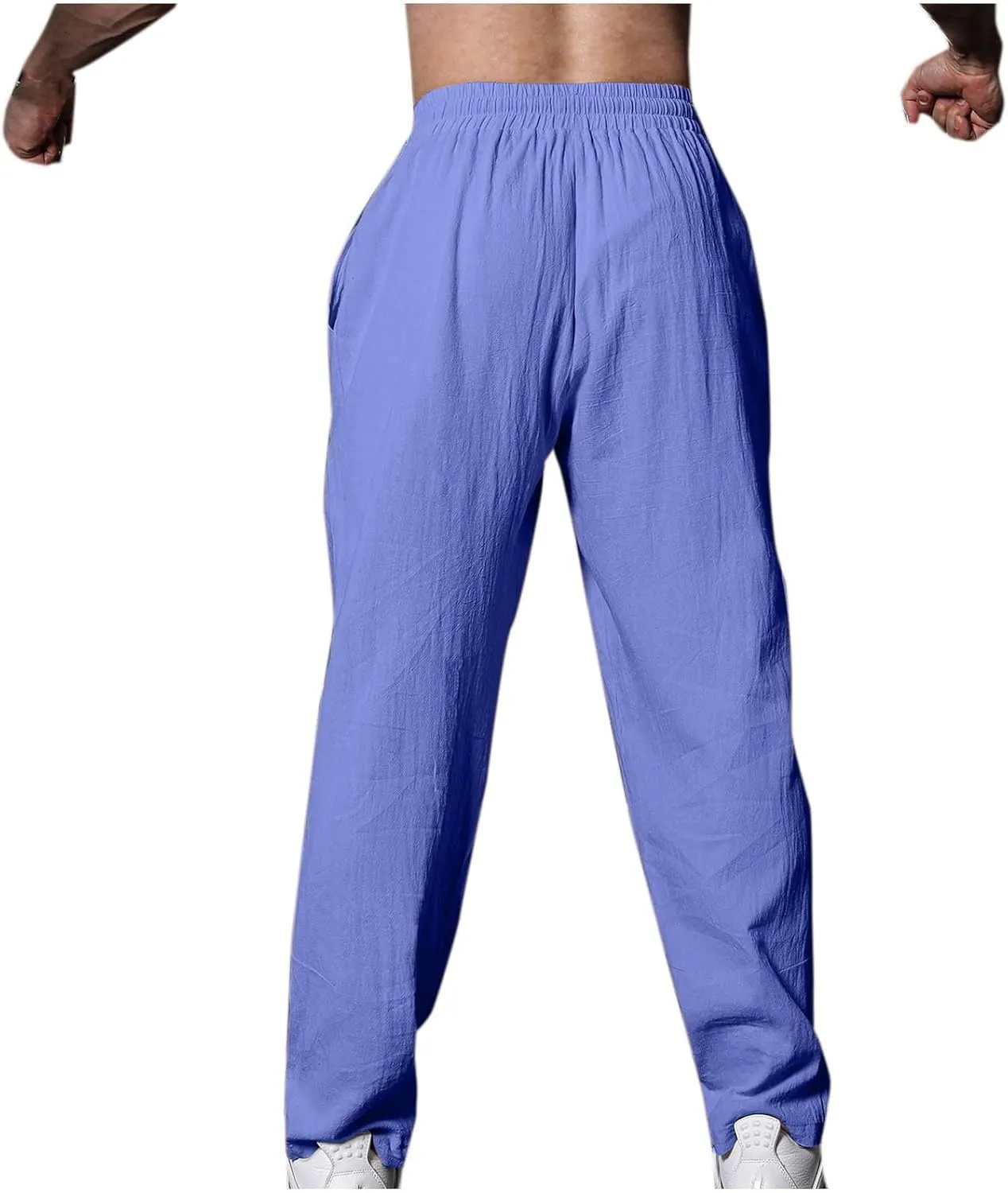 Mens Cotton Linen Workout Pants Comfy Drawstring Waist Trousers Loose Casual Outing Sports Pant Solid Soft Clothes