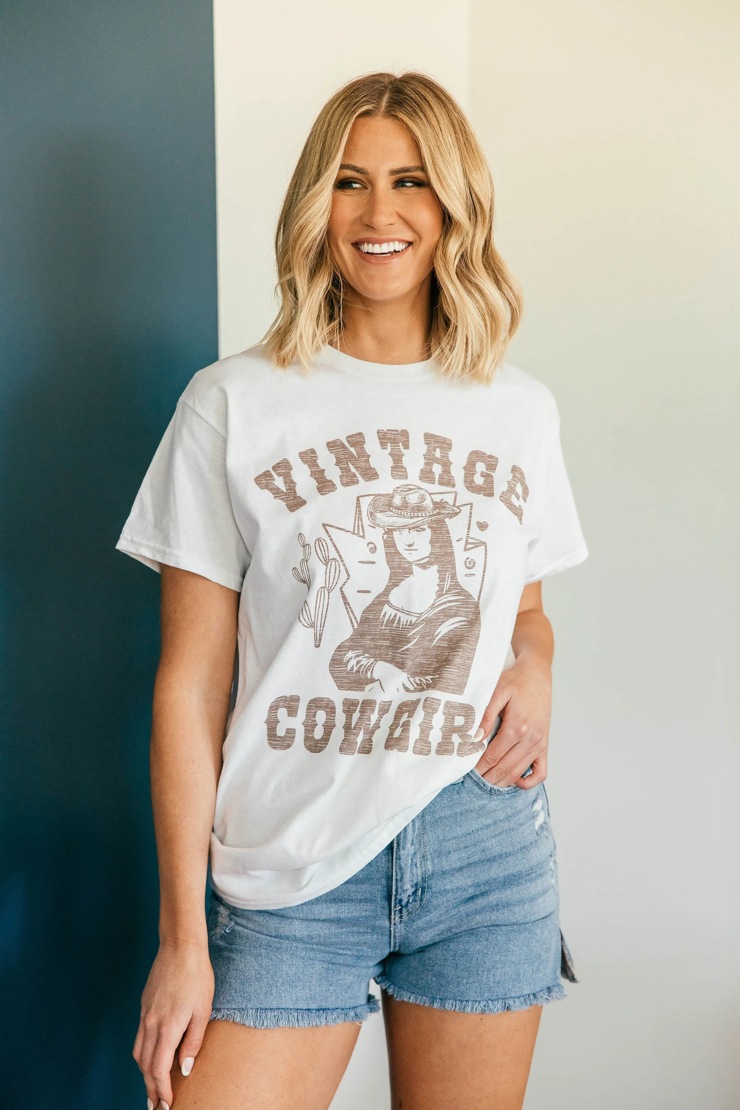 NEW!! Vintage Cowgirl Graphic Oversized Tee in White