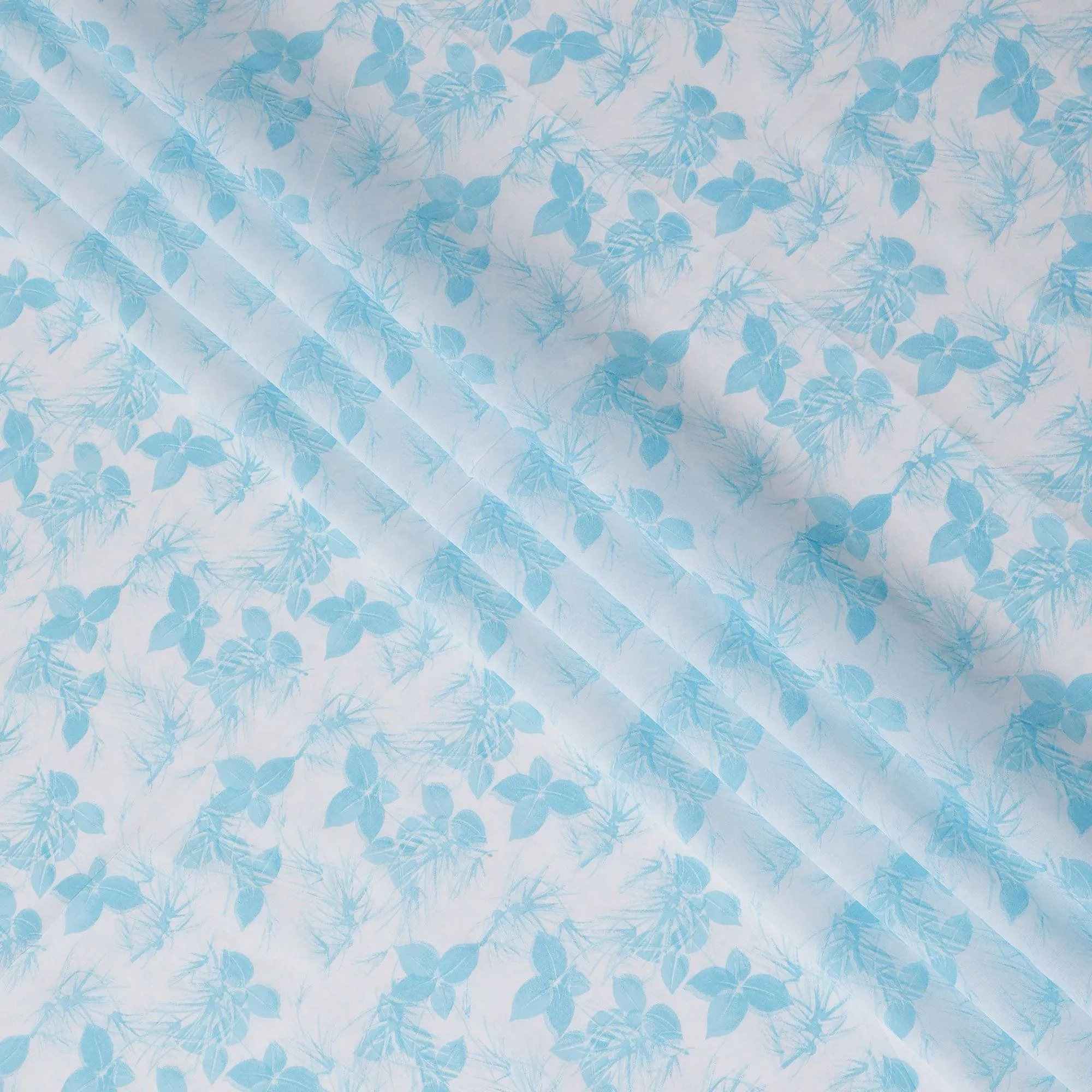 Off white cotton voile fabric with baby blue print in floral design-D15161
