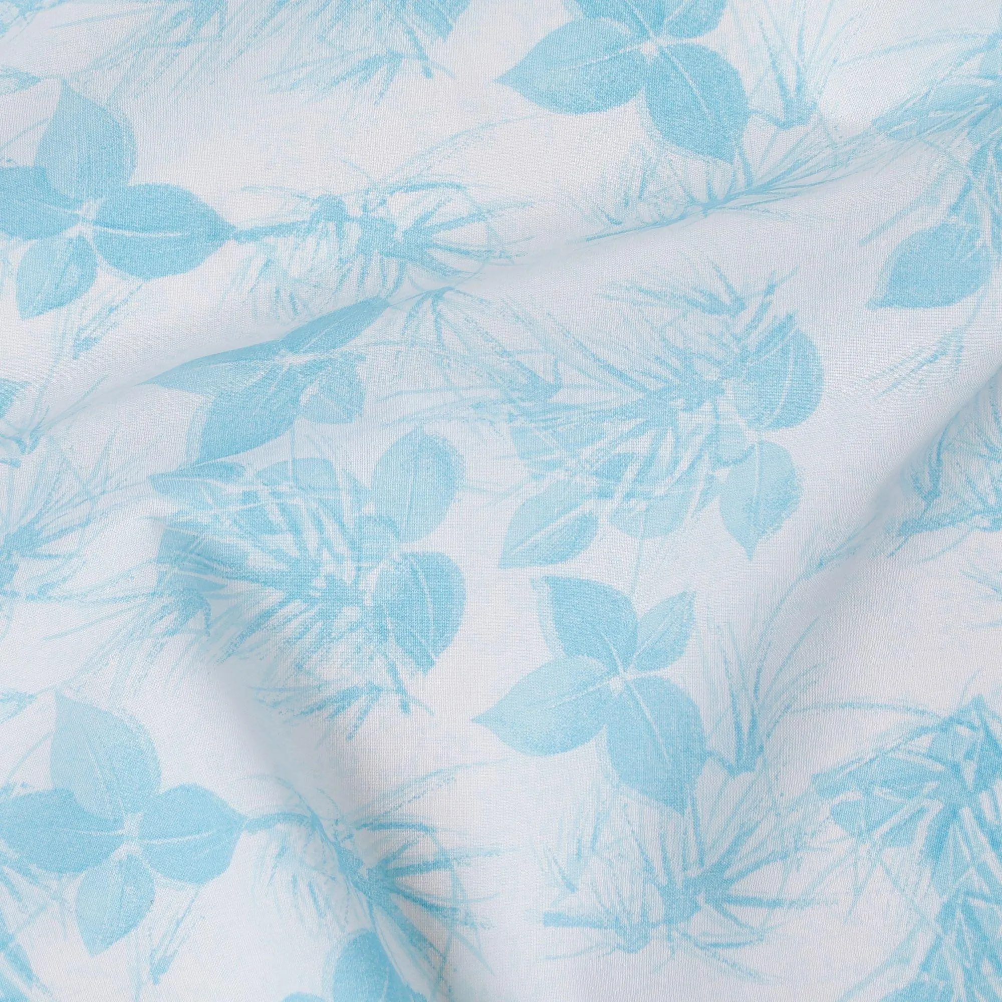 Off white cotton voile fabric with baby blue print in floral design-D15161